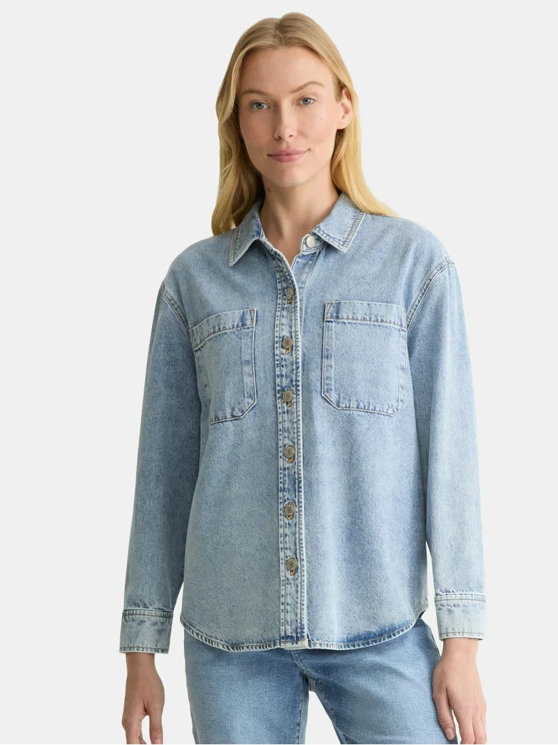 Time and Tru Women's Denim Overshirt with Long Sleeves, Sizes XS-XXXL | Walmart (US)
