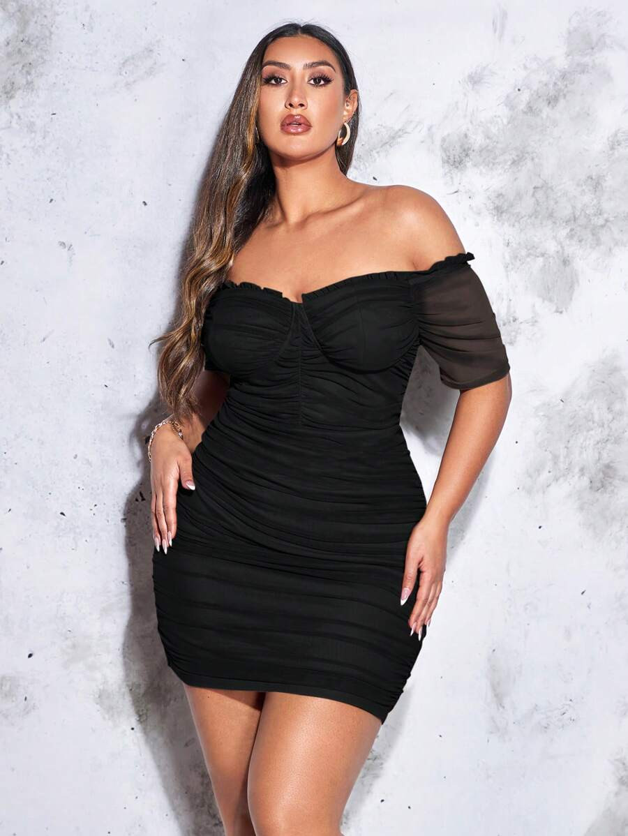 SHEIN BAE Plus Off Shoulder Ruched Frill Trim Bodycon Dress,Birthday Dresses For Women | SHEIN