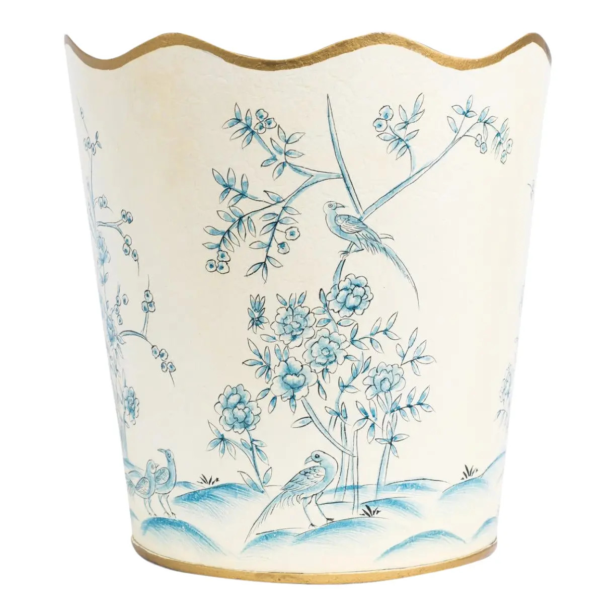 Scalloped Wastepaper Basket in Ivory/Blue | Chairish