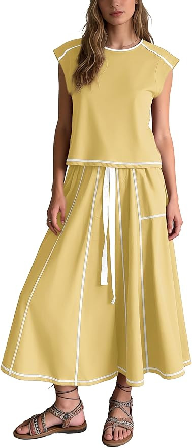 Womens 2 Piece Skirt Set Crewneck Cap Sleeve Top Midi Skirt Summer Vacation Lounge Matching Set | Amazon (US)