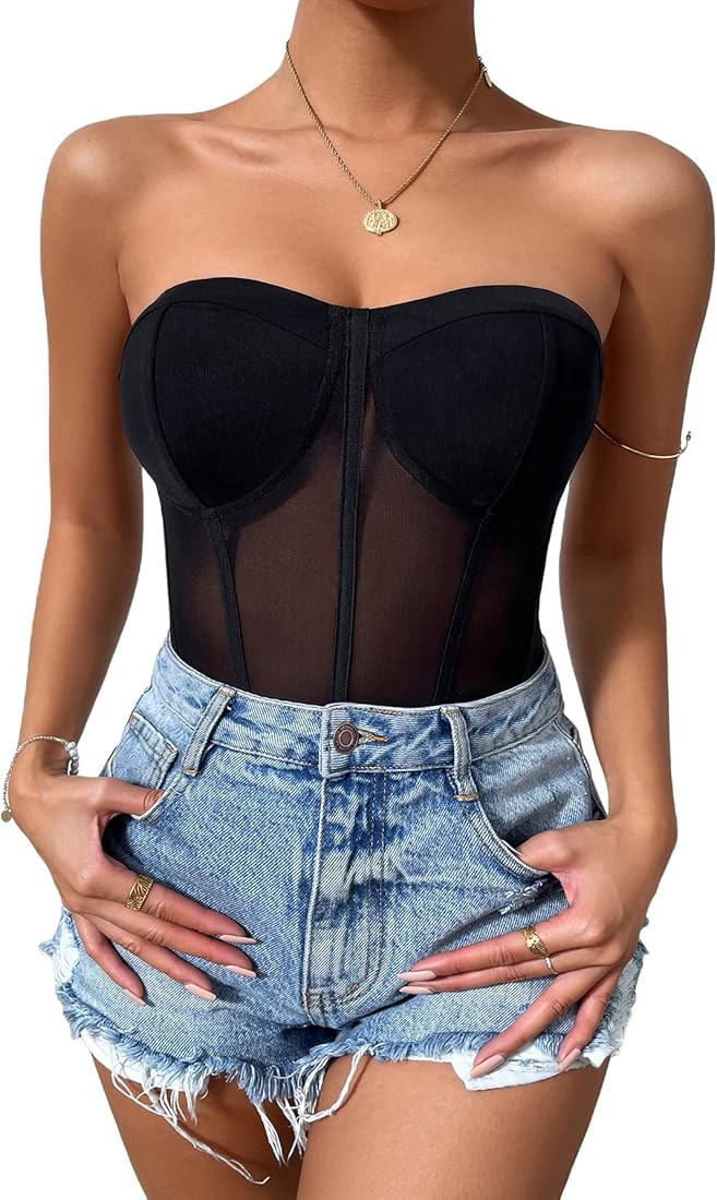 WDIRARA Women's Mesh Strapless Stretch Bandeau Underwire Skinny Bodysuit | Amazon (US)