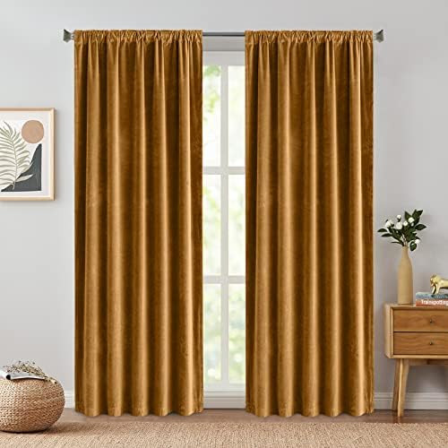 JINCHAN Gold Brown Velvet Curtains Drapes Bedroom Window Curtains 95 Inch Long Living Room Rod Pocke | Amazon (US)