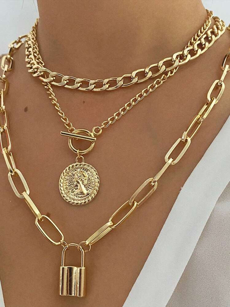 1pc European And American Vintage Fashion Metal Circle Head Lock OT Clasp Layered Chain Necklace ... | SHEIN