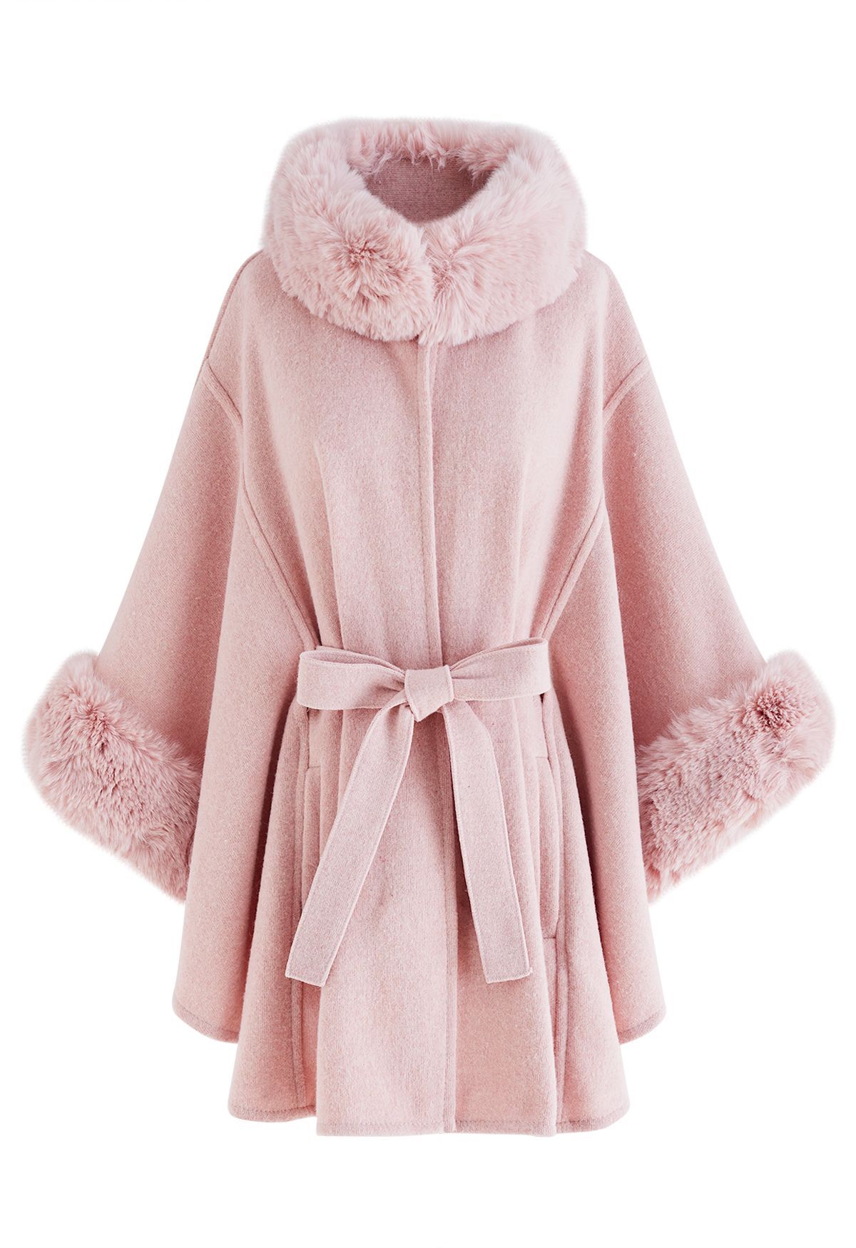Self-Tie Bowknot Faux Fur Poncho in Pink | Chicwish