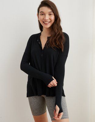 Aerie Ribbed Oversized Henley Long Sleeve T-Shirt | American Eagle Outfitters (US & CA)