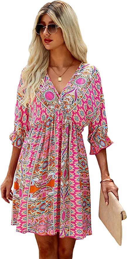 Romwe Women's Boho Tribal Print Short Sleeve V Neck Tie Back Summer Shift Dress | Amazon (US)