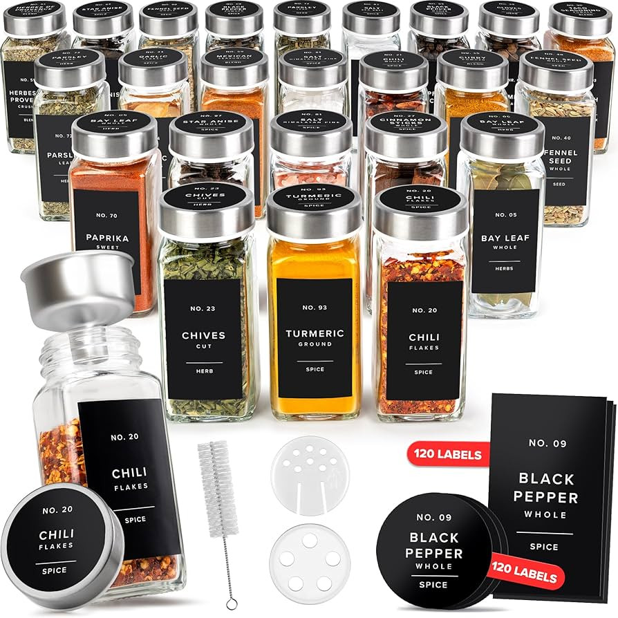 Glass Spice Jars with Label and Stainless Steel Lids (24 x 4oz) Spice Containers with 240 Labels,... | Amazon (US)