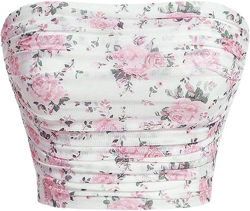 SOLY HUX Women's Floral Print Mesh Ruched Tube Crop Top Sleeveless Strapless Slim Fit Tops | Amazon (US)