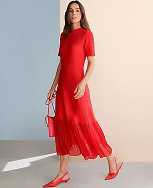 Mock Neck Mixed Media Midi Dress | Ann Taylor