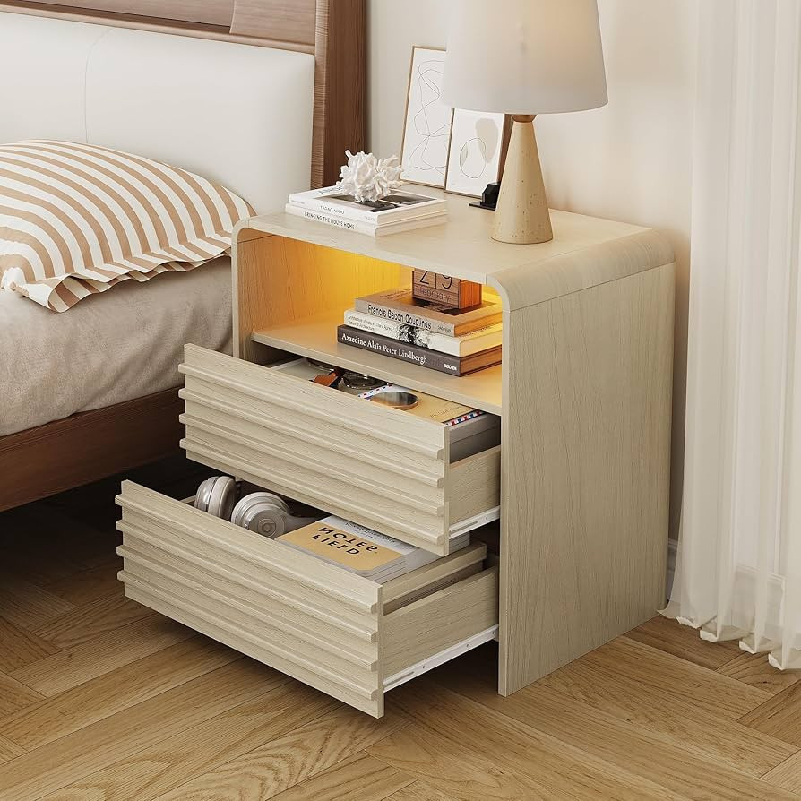 Fameill Fluted Nightstands,Nightstand with Charging Station,LED Night Stand with Two Drawers,Beds... | Amazon (US)
