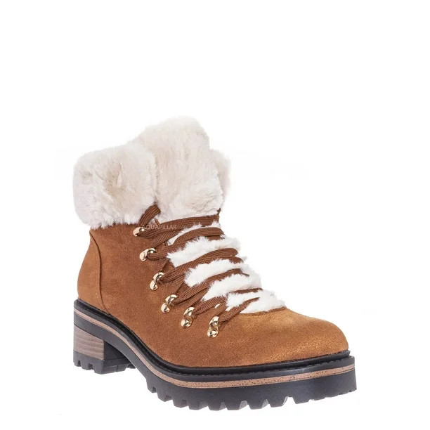 Shearling Military Combat Bootie -Faux Fur Collar Lace Up Lug Sole Shoe (Woman) | Walmart (US)