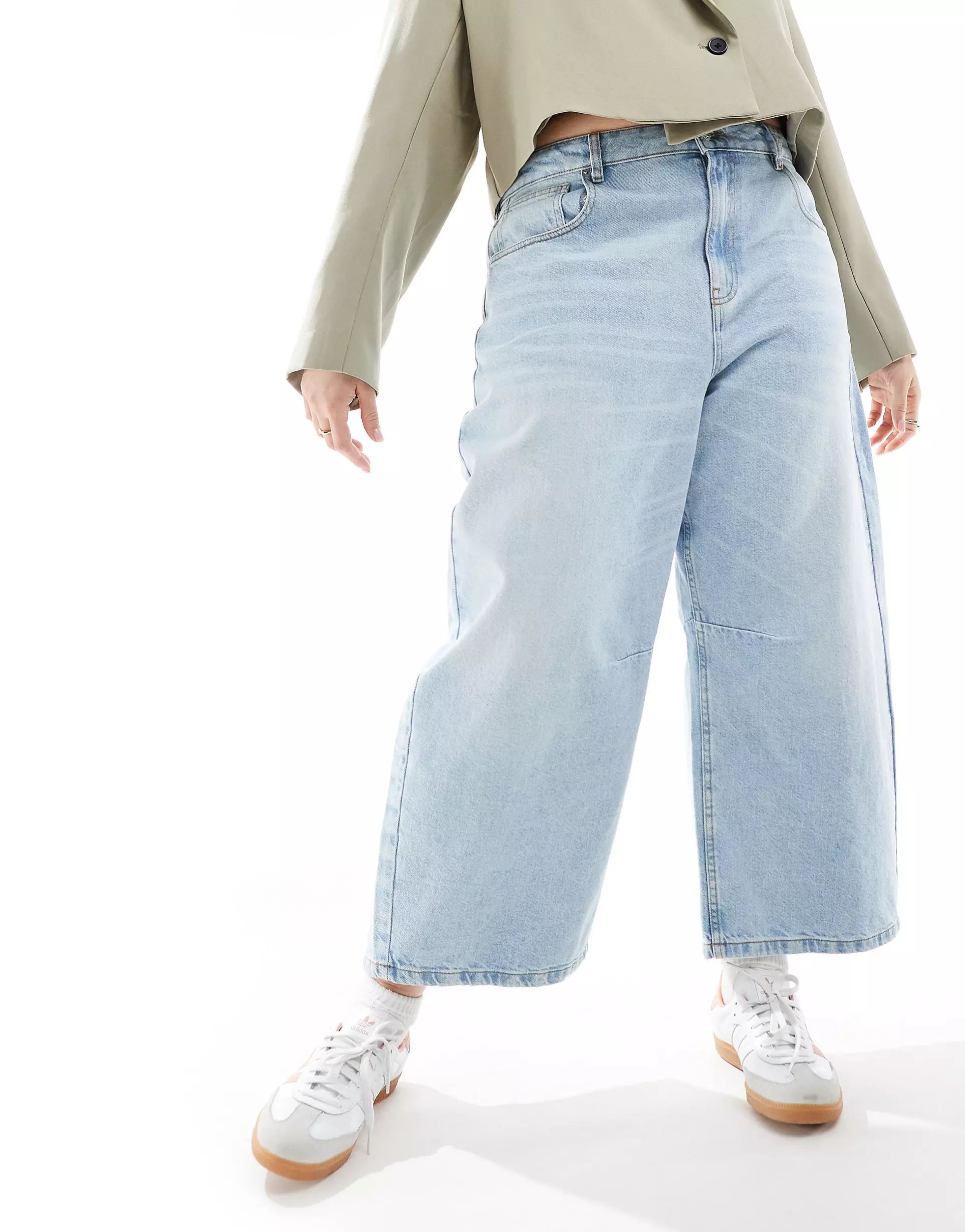 ASOS DESIGN Curve cropped barrel leg jeans with cinch waist in midwash blue | ASOS (Global)
