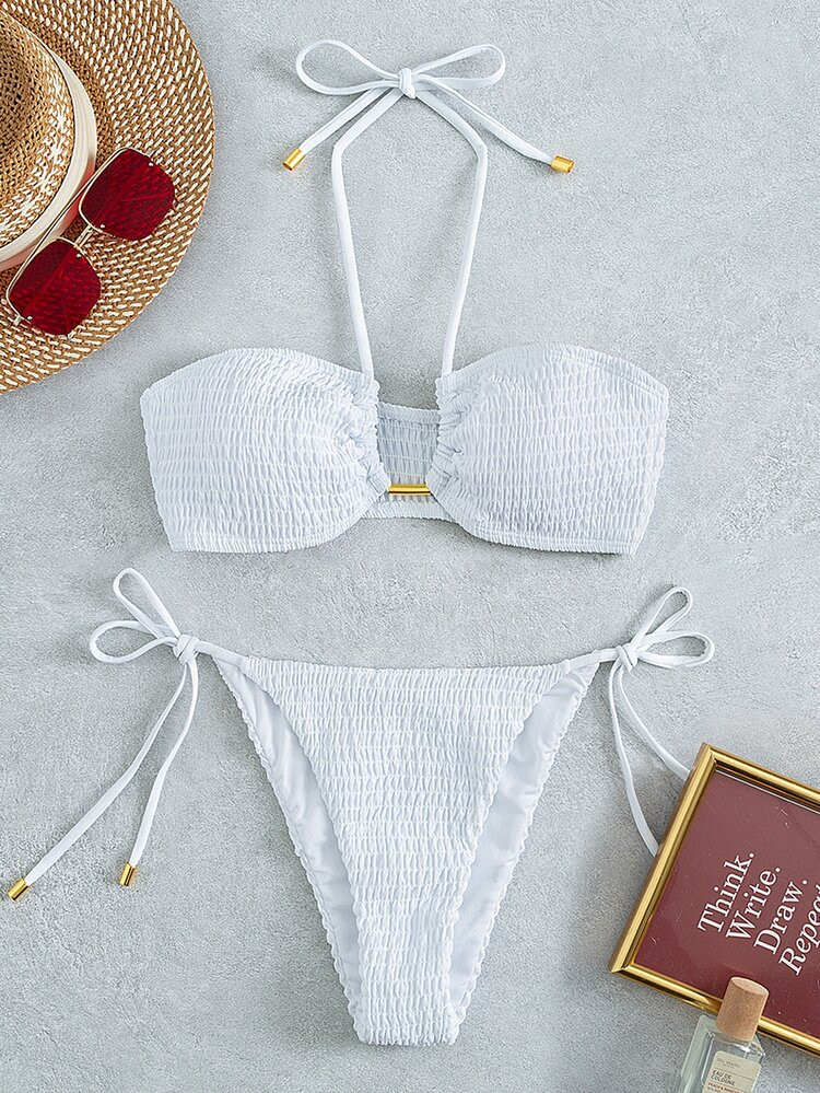 Smocked Halter Tie Side Bikini Swimsuit | SHEIN