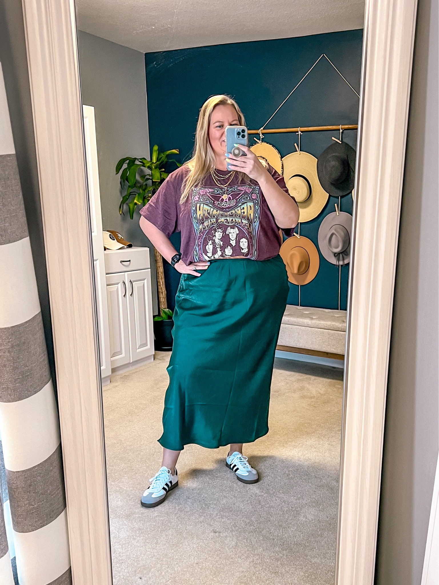A casual satin skirt outfit for spring and summer. 

Style a satin skirt with an oversized graphic tee and sneakers for the comfy but cute spring outfit. 

Skirt is a 1X and top is 4X (I sizes up two for a really oversized fit). 

Size 18
Size 20
Size XXL
Sneakers
Adidas sambas
Plus size outfit 
Plus size skirt
Maxi skirt 
Graphic tees

#LTKplussize #LTKover40 #LTKSeasonal