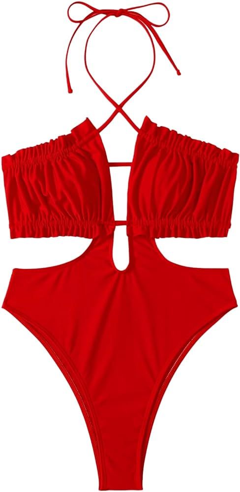 SweatyRocks Women's One Piece Bathing Suit Halter High Cut Monokini Cut Out Swimsuit | Amazon (US)