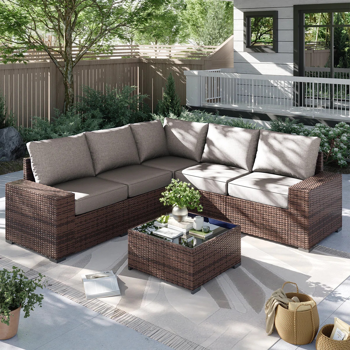 6 Pieces Outdoor Patio Furniture Set, With Cushions And Glass Coffee Table, Pe Rattan Outdoor Wic... | Wayfair North America