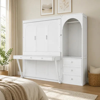 Queen Size Murphy Bed With Stoarge Shelf,Led Light Closet Rod And 3 Drawers | Wayfair North America