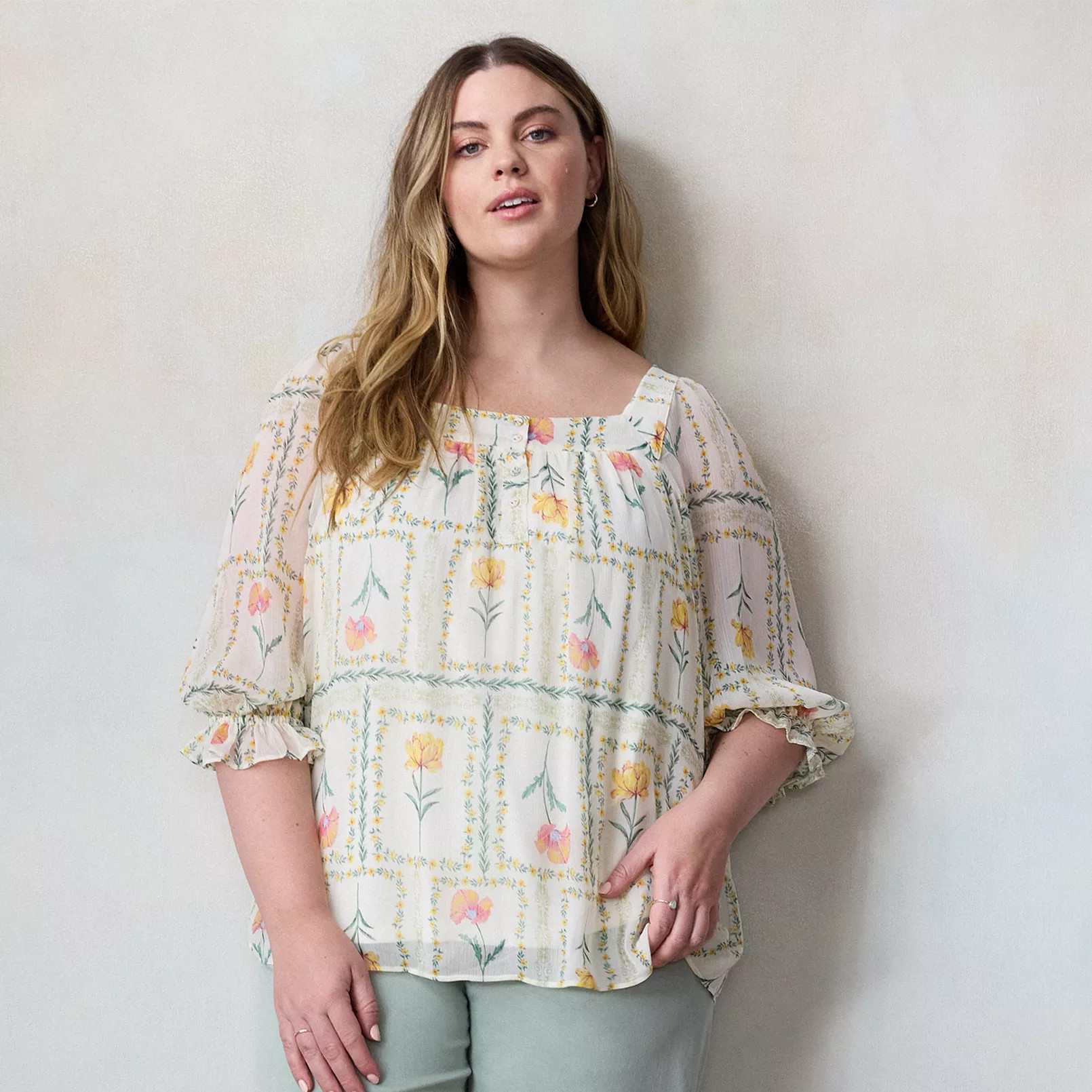 Plus Size LC Lauren Conrad Henley Square Neck Peasant Top | Kohl's