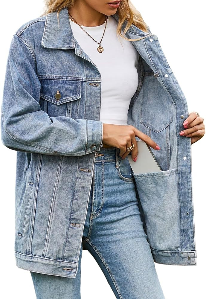 ALSOGO Oversized Jean Denim Jacket for Women Mid Long Jean Coat with Pockets Casual | Amazon (US)