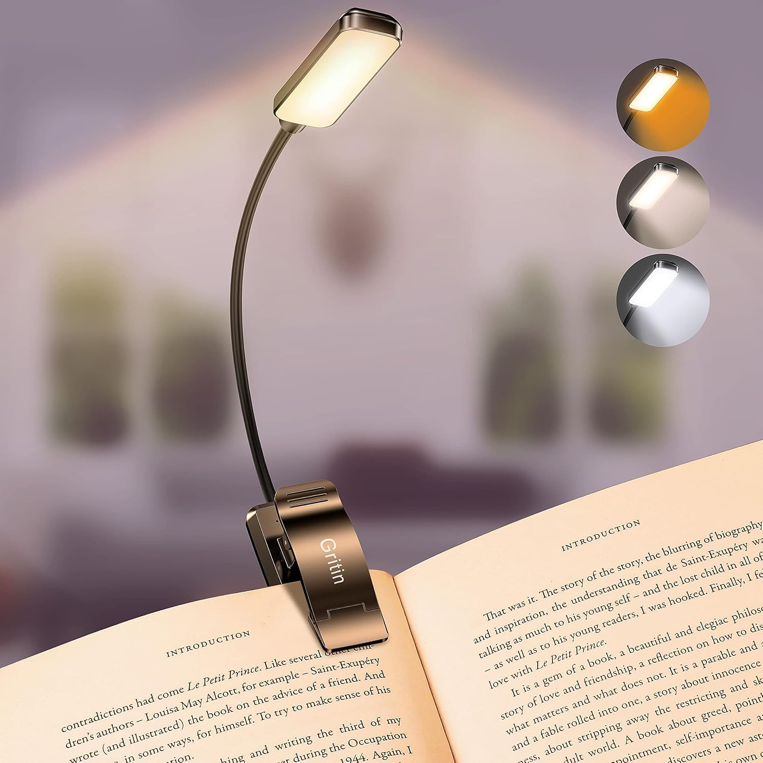 Gritin 9 LED Rechargeable Book Light for Reading in Bed - Eye Caring 3 Color Temperatures,Steples... | Amazon (US)