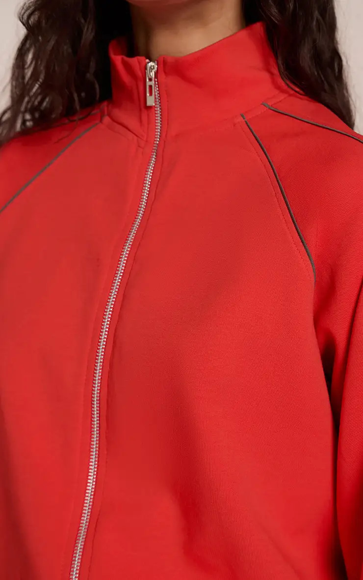 RED Interlock Contrast Piping Bomber Sweatshirt | PrettyLittleThing US