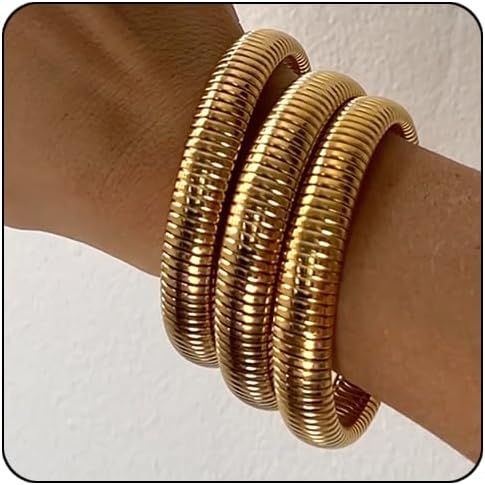 CONRAN KREMIX Gold Chunky Bangle Stretch Bracelets Set For Women 14K Real Gold Filled Stainless S... | Amazon (US)