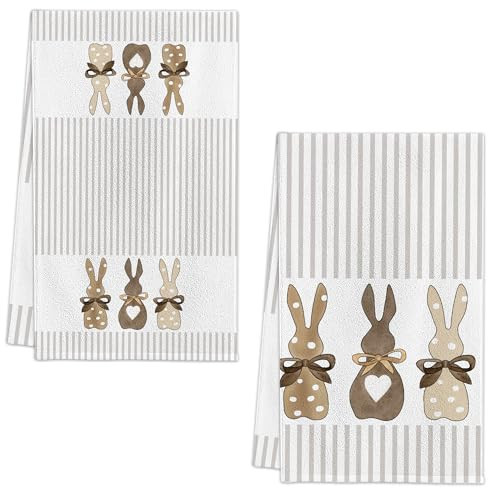 Woaoce Happy Easter Kitchen Towels, Stripe Rabbit Bunny Dish Towels Set of 2, 18x26Inch Drying Dishcloth Farmhouse Holiday Spring Decoration for Bathroom Decor | Amazon (US)