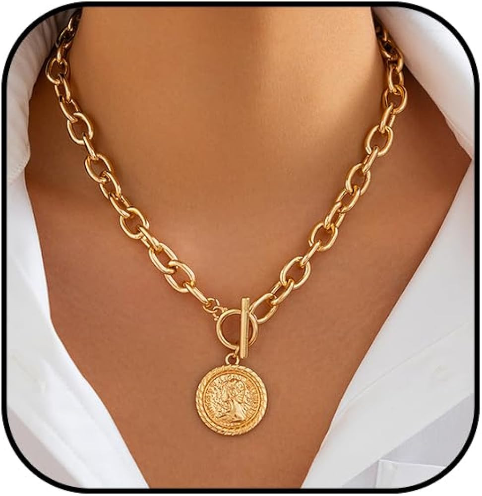 Chunky Gold Heart Necklaces for Women Gold Chunky Cross Necklace Dainty Gold Coin Sun Pendant Nec... | Amazon (US)