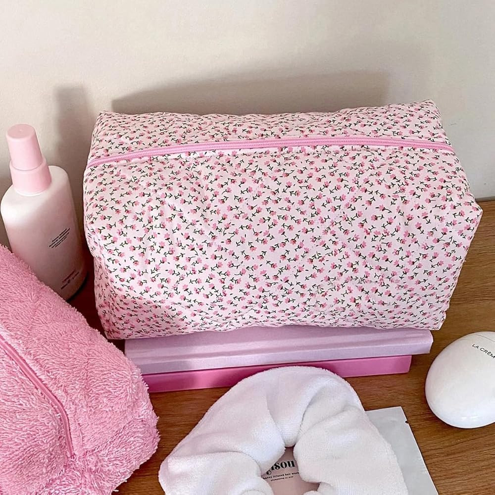 Makeup Bag Large Cosmetic Bag Quilted Pouch Coquette Floral Toiletry Travel | Amazon (US)