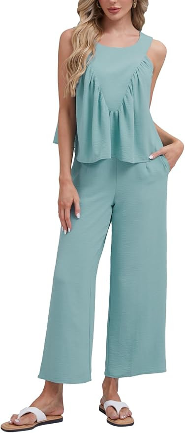 Women's Summer 2 Piece Outfits Peplum Ruffle Sleeveless Babydoll Tank Top Wide Leg Pants Set 2025... | Amazon (US)