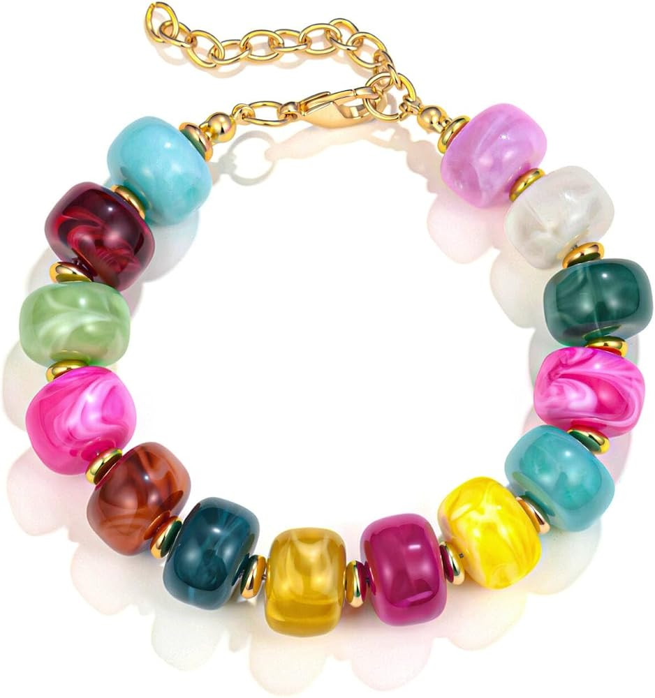 Boho Chunky Beaded Strand Bracelet for Women - Multicolor Acrylic Resin Beaded Bracelet, Adjustable Stackable Statement Jewelry for Summer Festivals | Amazon (US)