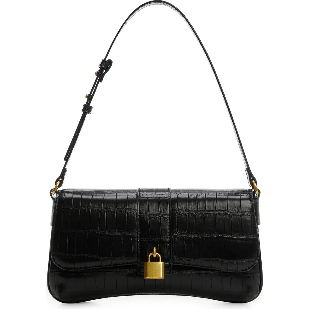 MANGO Padlock Croc Embossed Shoulder Bag in Black at Nordstrom | Nordstrom