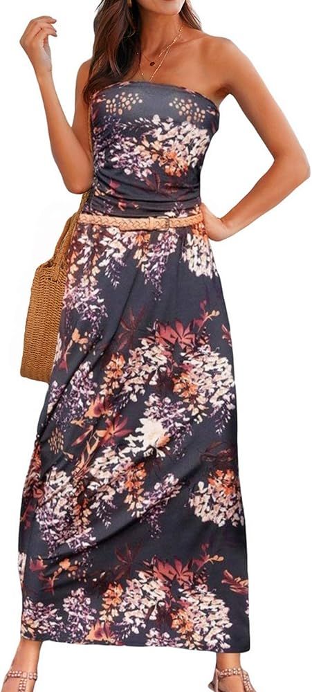 Happy Sailed Women Strapleess Floral Print Bohemian Beach Dress Casual Off Shoulder Long Dress wi... | Amazon (US)