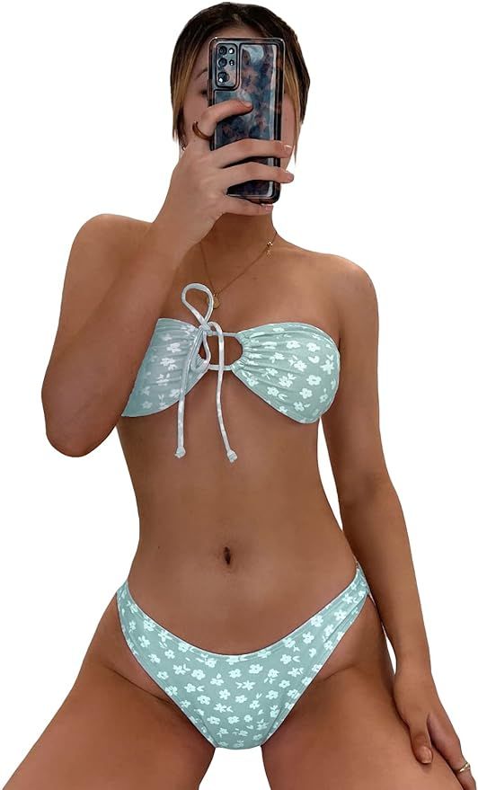 SOLY HUX Women's Floral Print Tie Front Bandeau Bikini Bathing Suit 2 Piece Swimsuits | Amazon (US)
