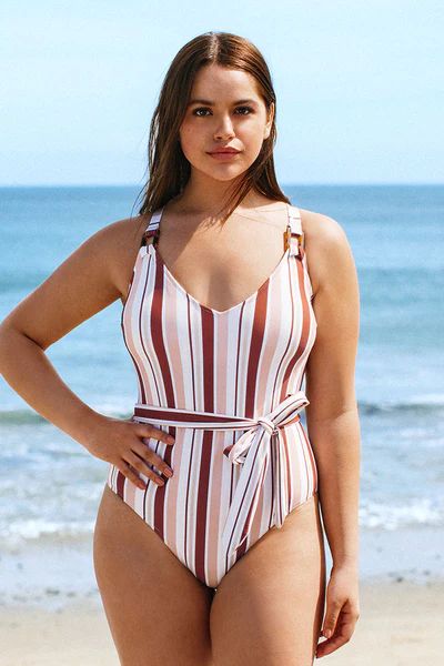 Natalia Striped Belted Plus Size One Piece Swimsuit | Cupshe