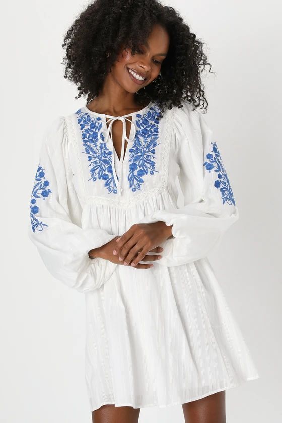 Bohemian Vibe White and Blue Long Puff Sleeve Shift Mini Dress | Lulus (US)