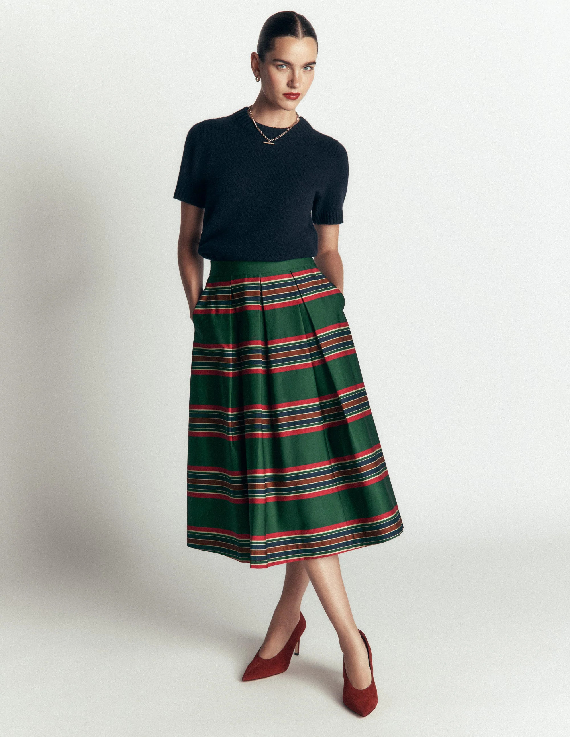 Verity Cotton Sateen Skirt-Green, Collegic Stripe | Boden (US)