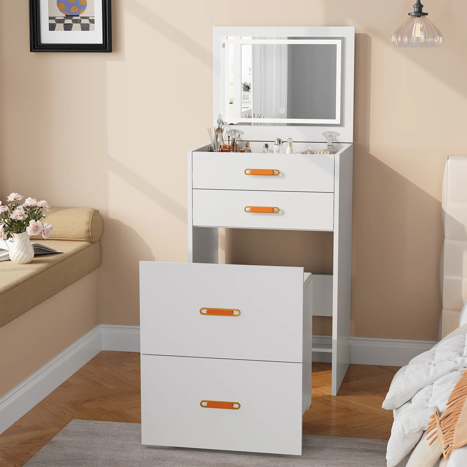 3 in 1 Vanity, Compact Vanity with 3 Drawers, Makeup Desk with Flip-up 3 Colors Lighting Mirror a... | Wayfair North America