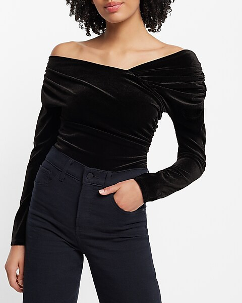 Body Contour Velvet Off The Shoulder Asymmetrical Wrap Thong Bodysuit | Express