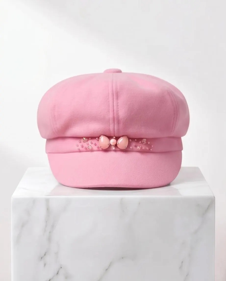Pastel Pink Baker Boy Hat with Pearl Embellishment, Coquette Newsboy Cap | Etsy (Global)