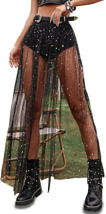 Rave Outfits for Women 2 in 1 Sheer Skirt Festival Clubwear Mesh High Waist Print A Line Maxi Ski... | Amazon (US)