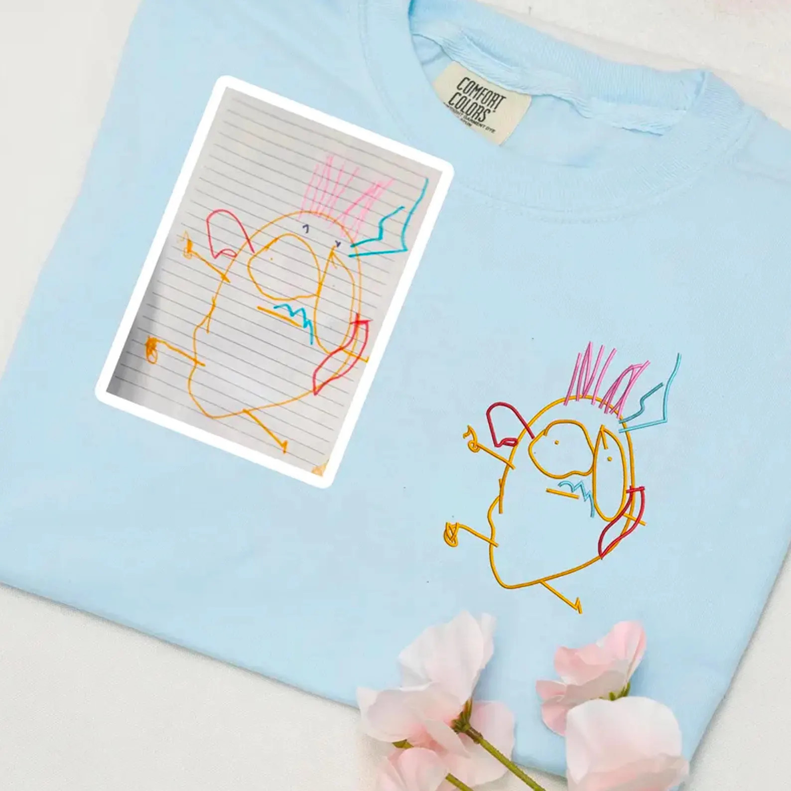 Comfort Color Custom Embroidered Kids Drawing T-shirt, Personalized Draw From Photo For Dad Shirt... | Etsy (Global)