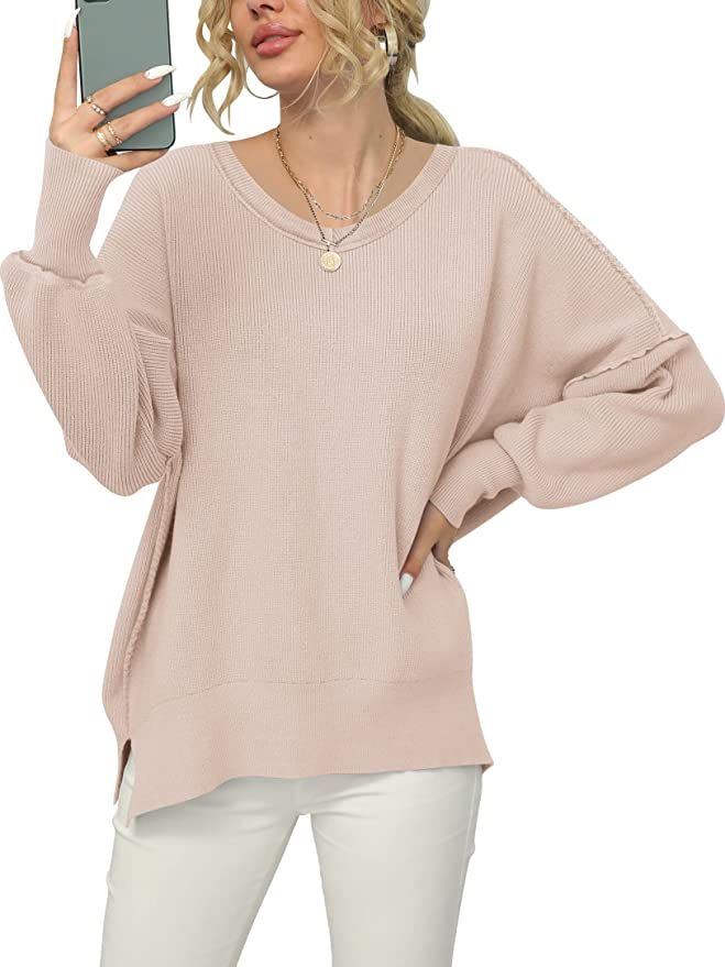 ANRABESS Women's V Neck Long Sleeve Oversized Side Slit Ribbed Knit Pullover Sweater Top | Amazon (US)