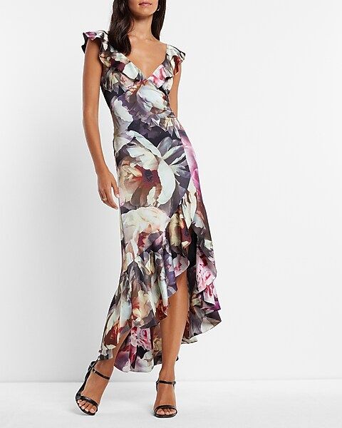 Satin Floral Print Ruffle Hi-lo Maxi Dress | Express