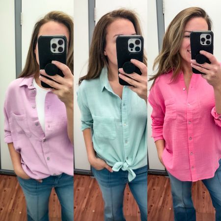 I found it!  Perfect double layer button down in the prettiest colors!  This is so soft and comfortable and can be super versatile all year long! 

#LTKfindsunder50 #LTKover40 #LTKmidsize