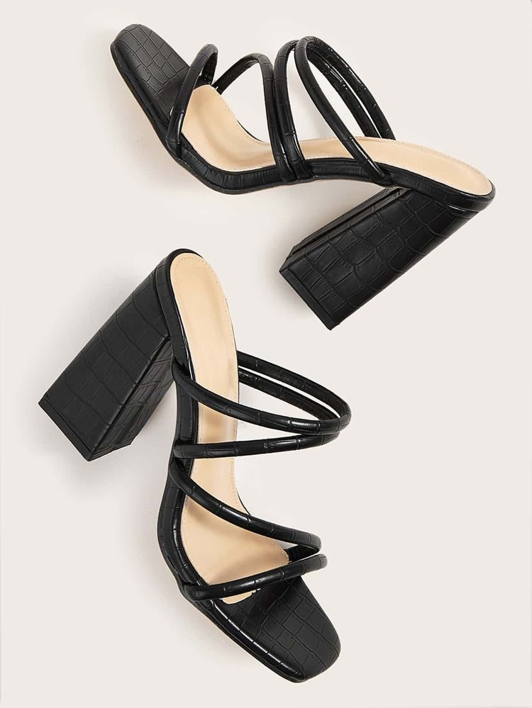 Croc Embossed Strappy Chunky Heeled Mules | SHEIN
