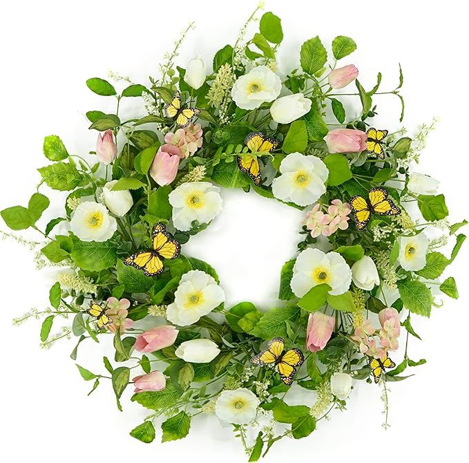 20" Wreath Light Pink Tulips and White Poppies with Dotted Hydrangeas Wreath for Indoor and Outdo... | Amazon (US)