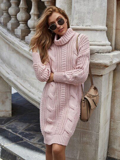 High Neck Cable Knit Sweater Dress | SHEIN