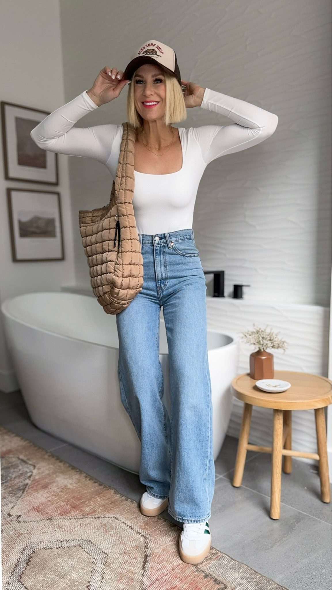 2 bodysuits: mock neck & square neck styles - dressed up and down! 

Sizing: 
Bodysuits: fit TTS
Jeans: fits TTS - wear 27x32
White pants: fit TTS - wearing a small 
sneakers: go down 1 full size. I’m typically a 9, wearing size 8. The toe box is long & wide.


#LTKover40 #LTKSeasonal #LTKstyletip