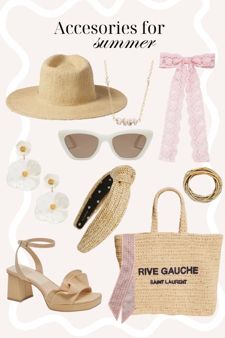 Summer accessories!
Raffia hat, straw hat, beach hat, summer hat, she’ll necklace, pink bow, white sunglasses, flower earrings, statement earrings, raffia headband, gold bracelets, raffia tote bag, raffia heels, pink satin scarf 

#LTKSeasonal #LTKfindsunder100 #LTKshoecrush